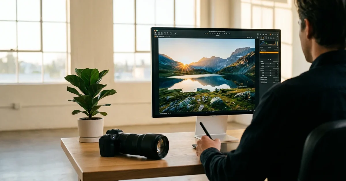 A photographer editing a vibrant landscape photo on a large monitor in a sunlit, modern home studio.