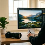 A photographer editing a vibrant landscape photo on a large monitor in a sunlit, modern home studio.