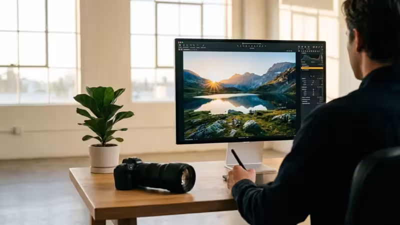 A photographer editing a vibrant landscape photo on a large monitor in a sunlit, modern home studio.