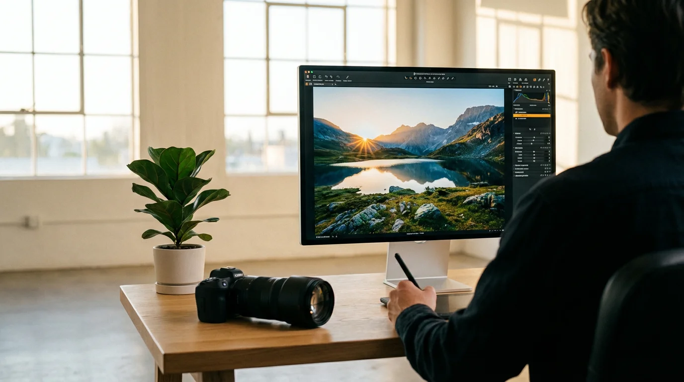 A photographer editing a vibrant landscape photo on a large monitor in a sunlit, modern home studio.