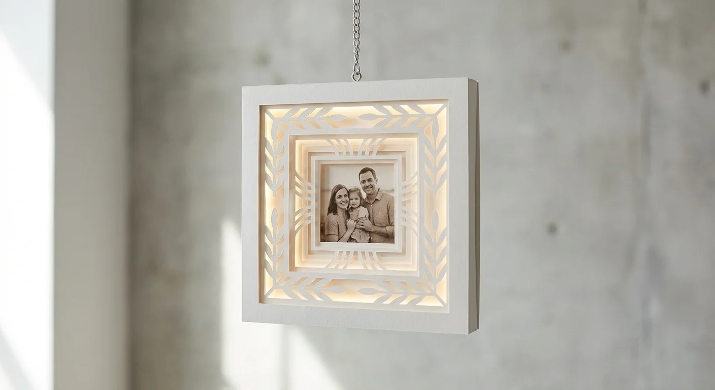 A 3D layered paper shadowbox ornament featuring a photo in the center.