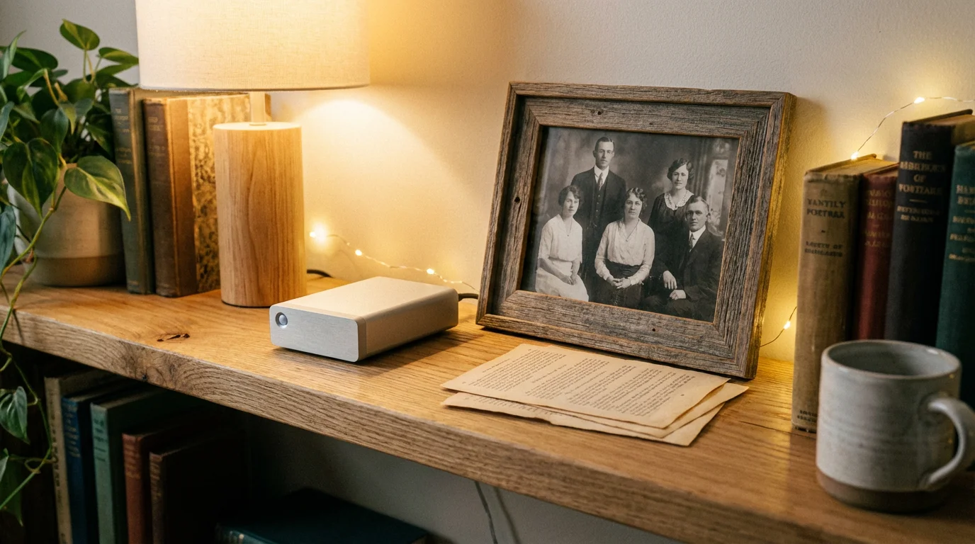 A backup drive sitting on a shelf next to a framed family photo, symbolizing digital preservation.