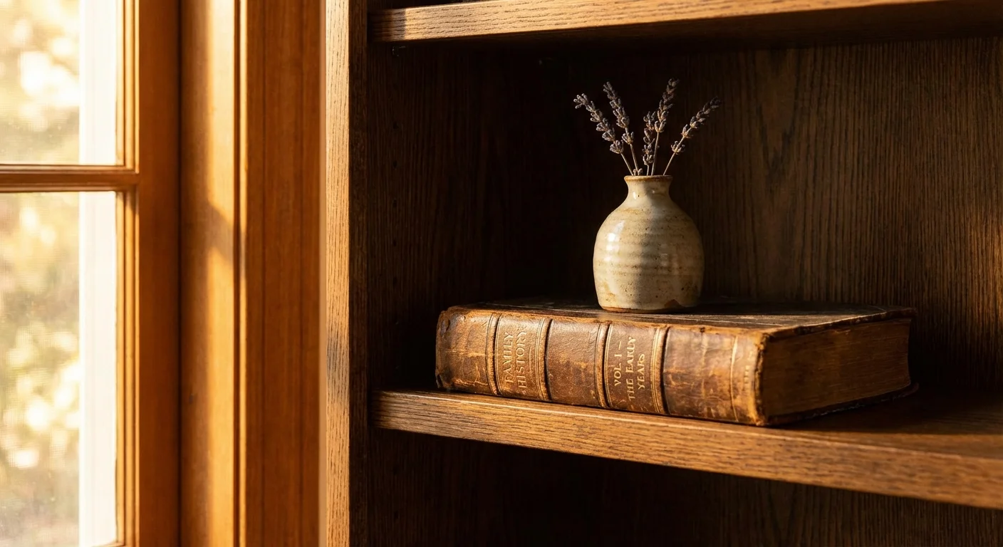A beautiful photo book displayed on a wooden shelf in a cozy home.