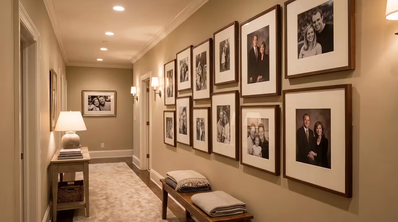 A beautifully arranged gallery wall of framed family photos in a hallway.