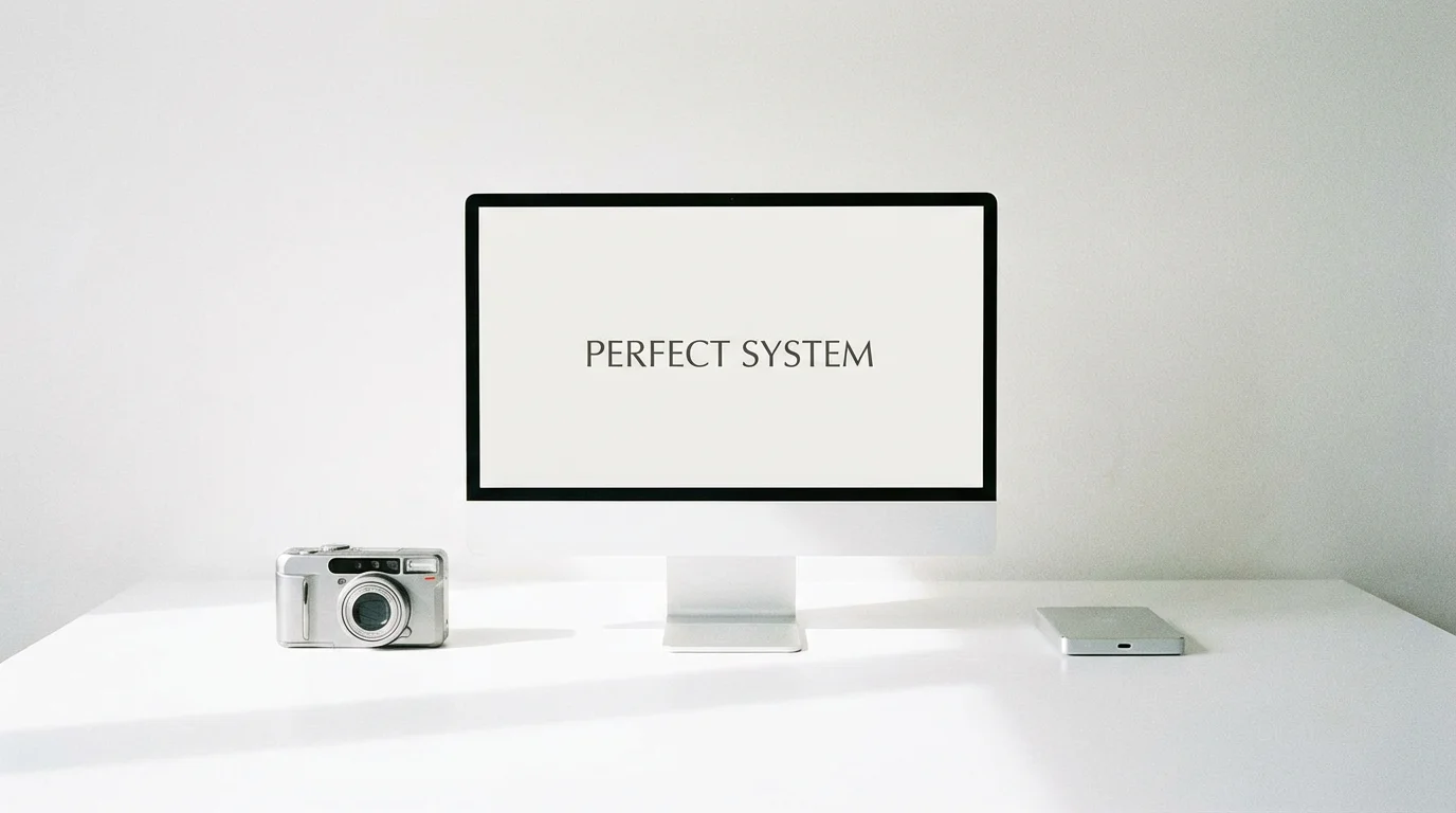 A camera, a computer, and a portable drive arranged neatly to represent a 3-2-1 backup strategy.