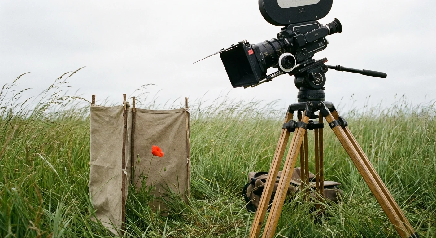 A camera on a tripod with a windbreak in a field, showing macro photography problem-solving.