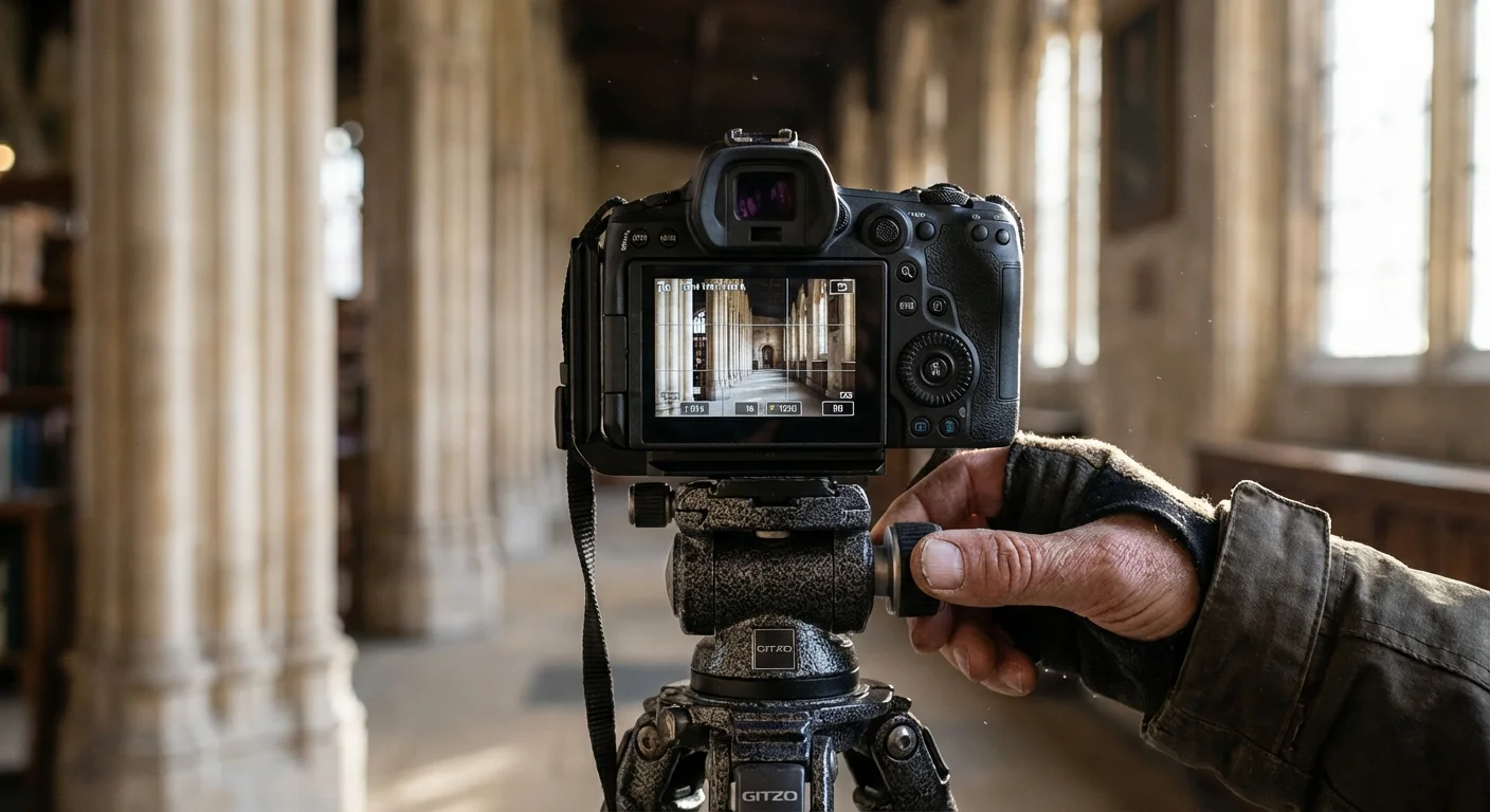 A camera screen displaying a grid overlay used to align architectural pillars.