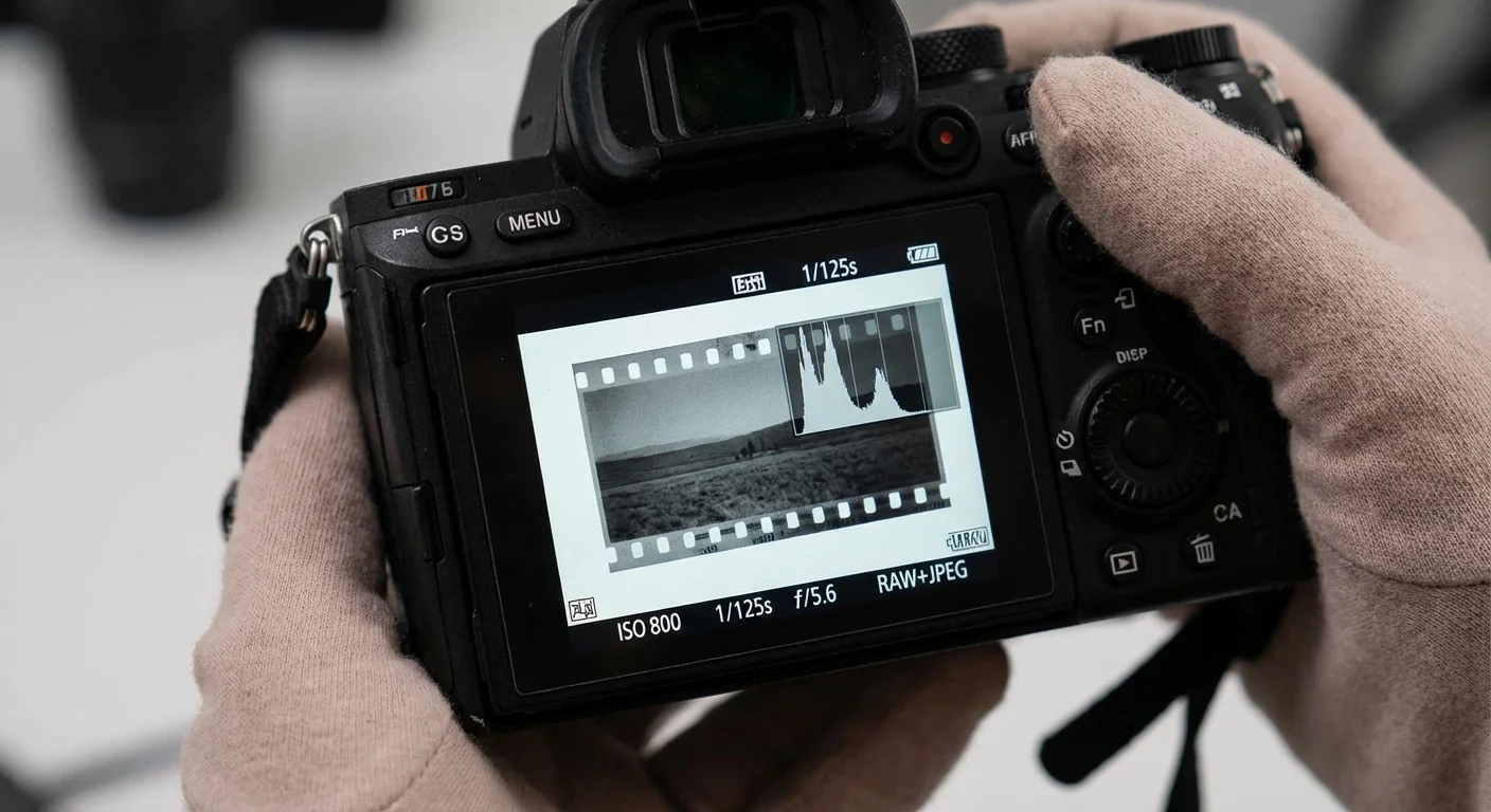 A camera screen showing a digitized negative and a histogram for exposure control.