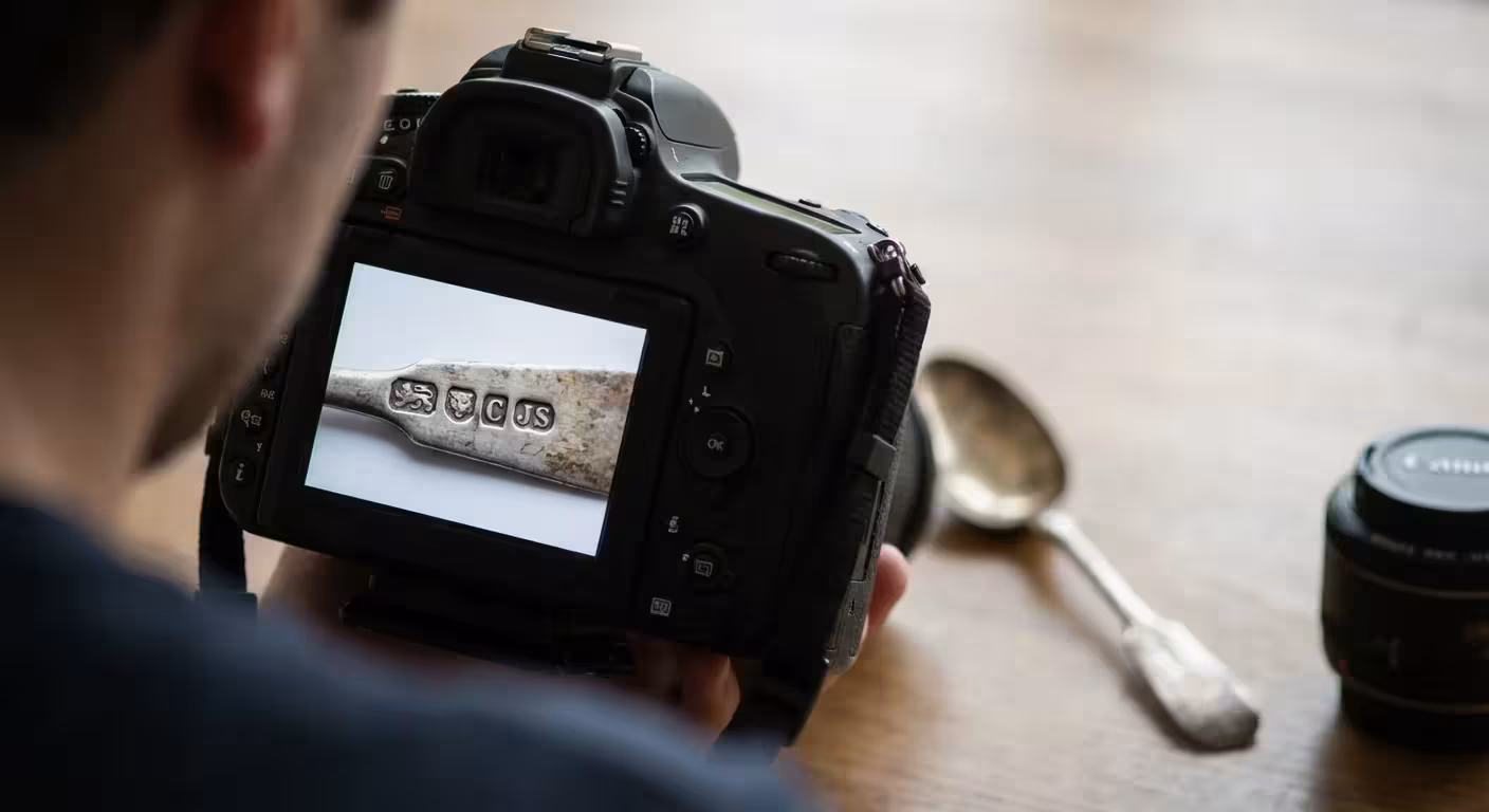 A camera screen showing a sharp, detailed macro shot of a silver spoon hallmark.