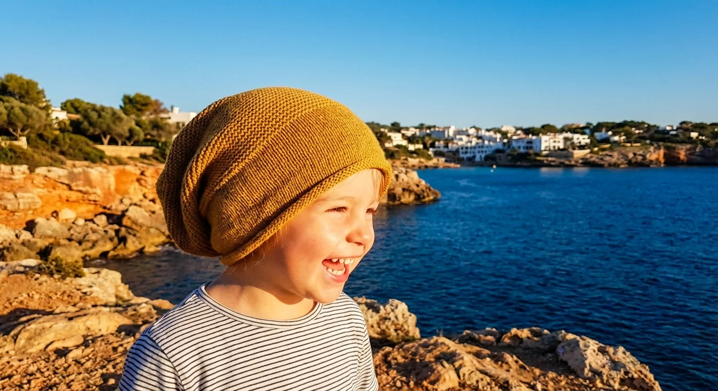 A child in a yellow hat against a blue sea, showing vibrant, controlled colors.