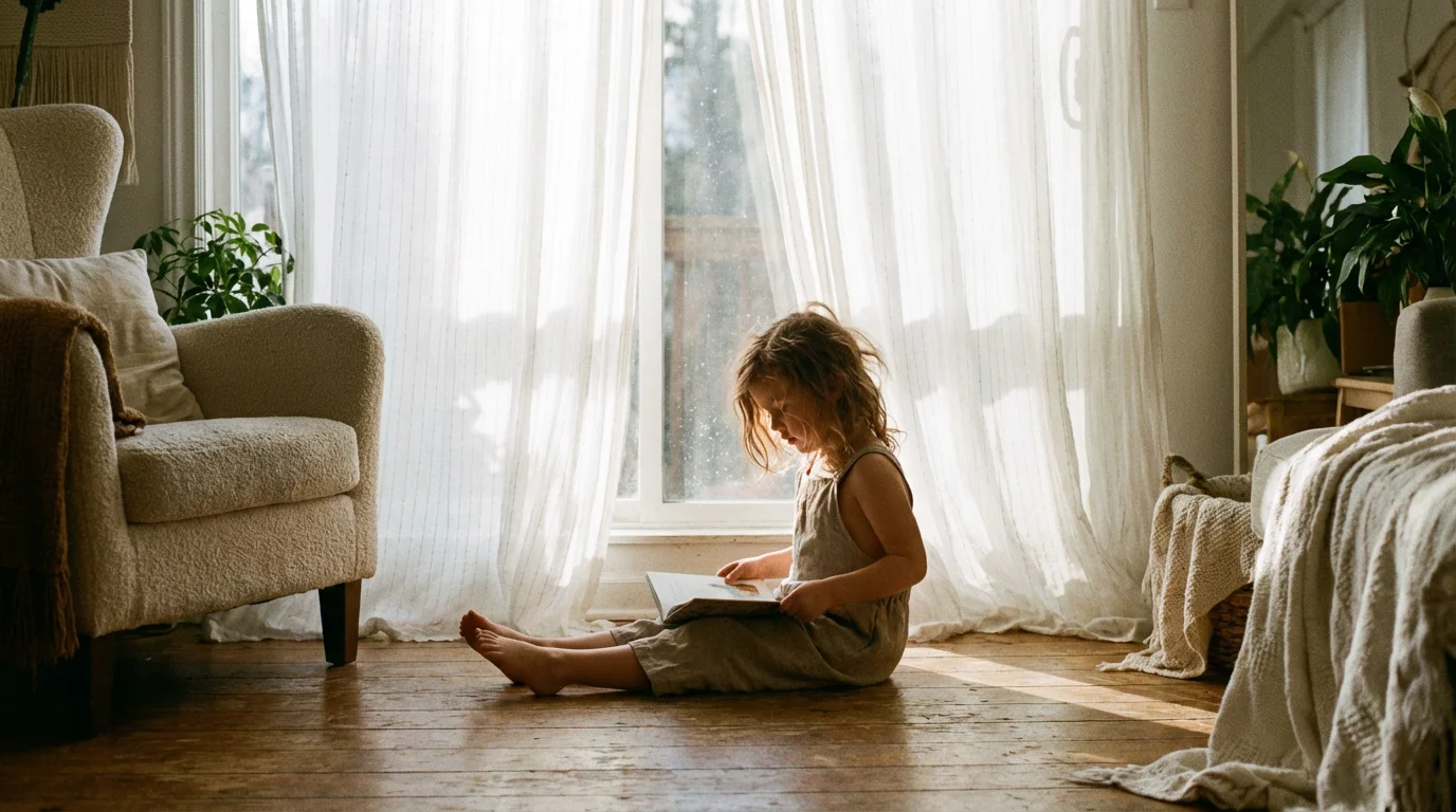 A child sitting by a window with soft light filtering through sheer curtains.