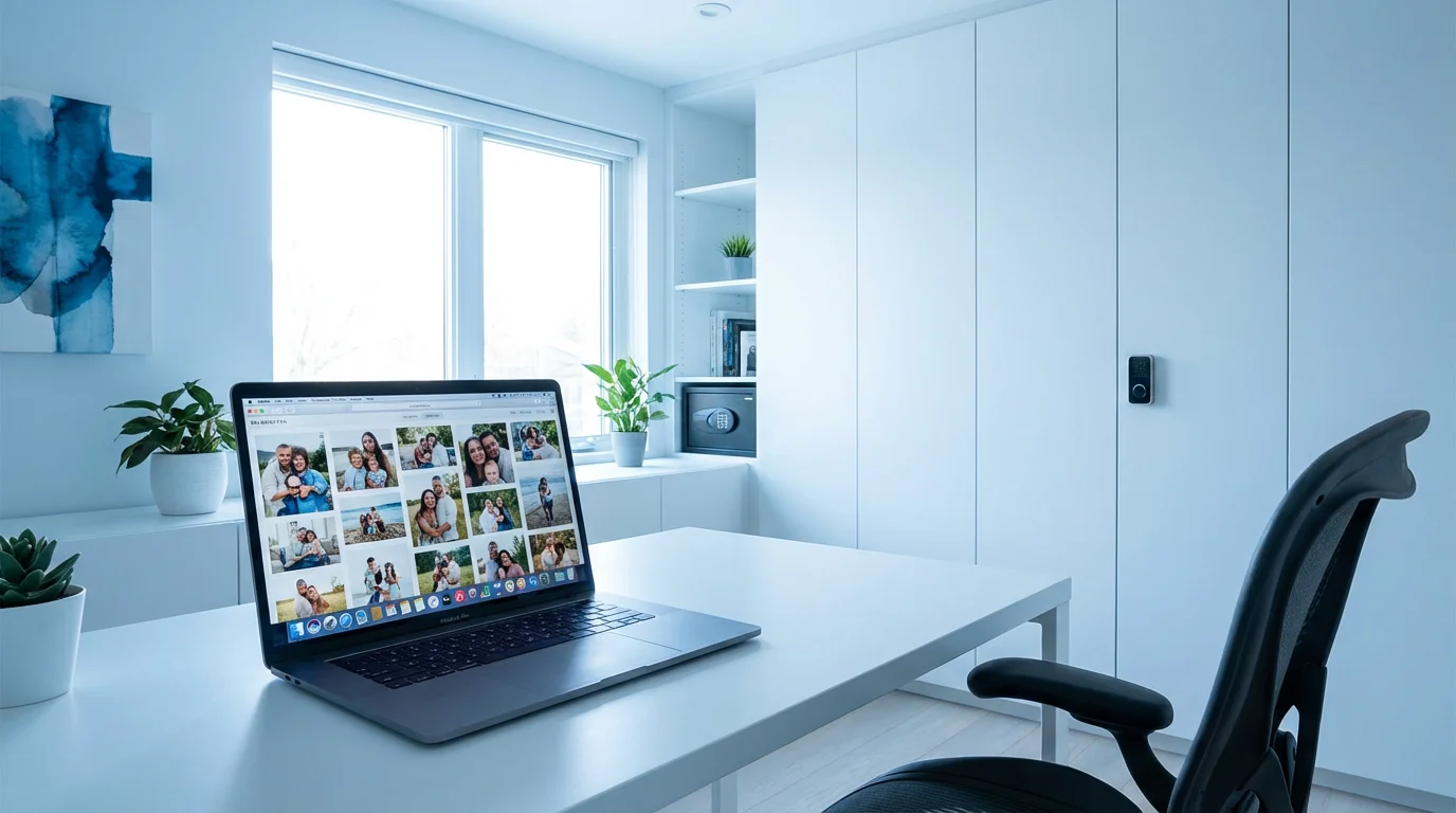 A clean, modern home office featuring a laptop with a photo gallery on the screen.