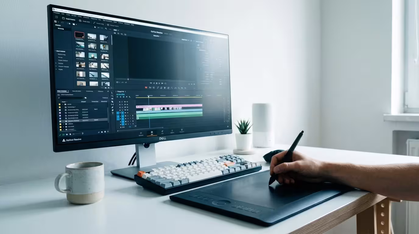 A clean, modern workspace featuring an editing tablet and a monitor showing a layered photo editing project.