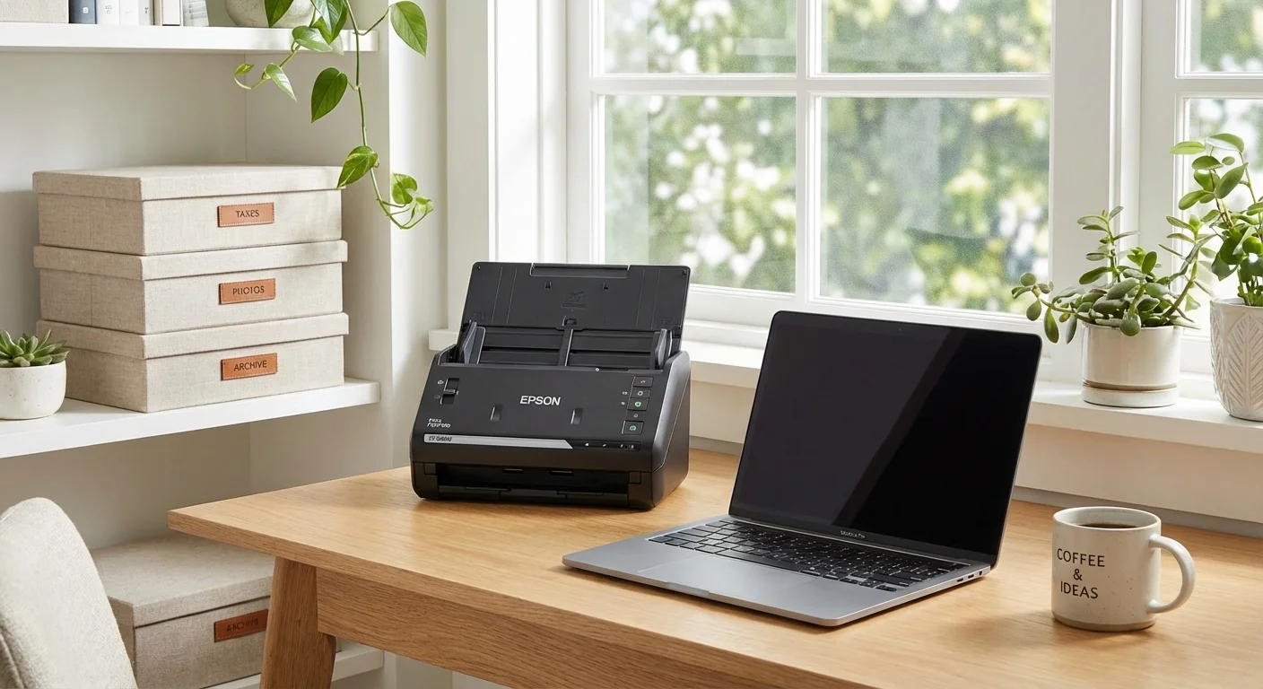 A clean, organized workspace with tools for photo scanning and organization.