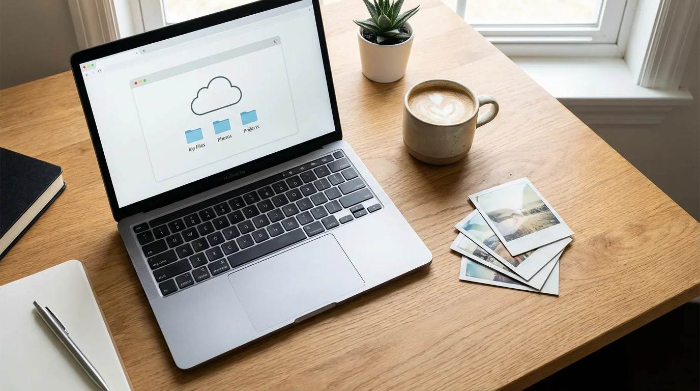 A clean workspace with a laptop and old photos, representing a digital organization workflow.