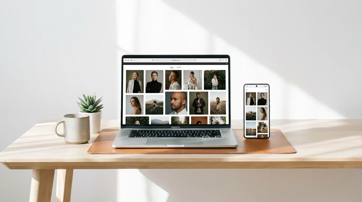 A clean workspace with a laptop and phone showing photo management software.