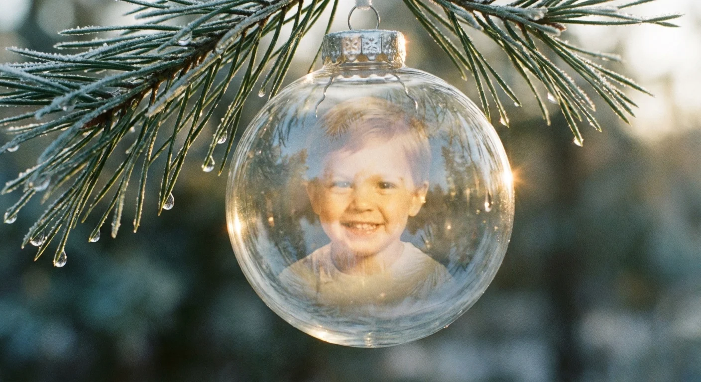 A clear glass ornament with a floating photo inside, hanging from a Christmas tree branch.