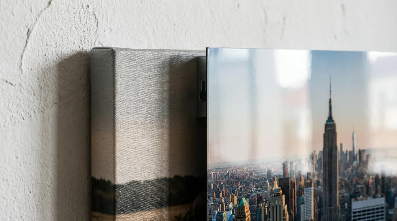 A close-up comparison of the texture of a canvas print versus the sleek finish of a metal print.