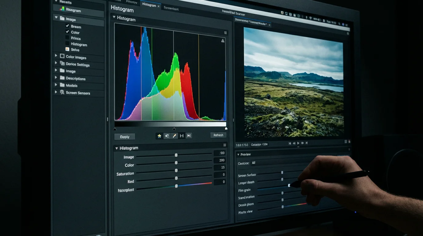 A close-up of a computer screen showing professional image scanning software and a color histogram.