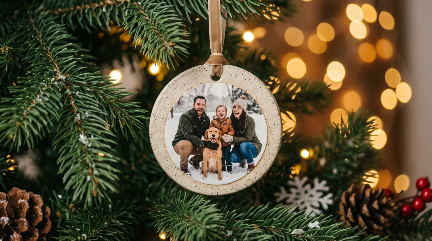 A close-up of a custom ceramic holiday ornament featuring a family photo hanging on a Christmas tree.