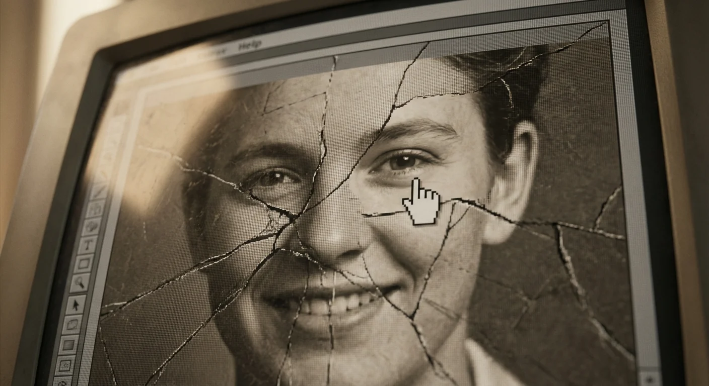 A close-up of a digital restoration process on a cracked vintage black-and-white photograph.