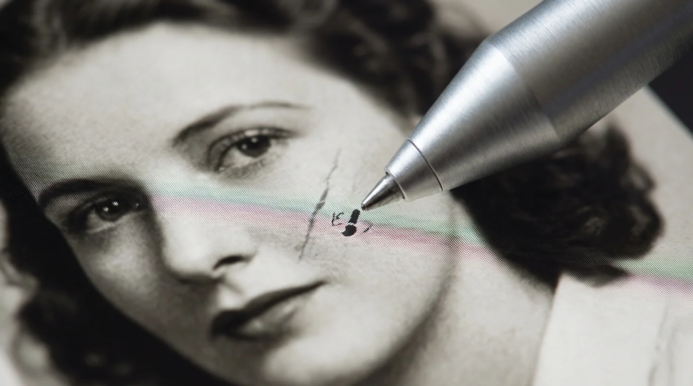 A close-up of a digital stylus removing a scratch from a zoomed-in vintage photo on a screen.
