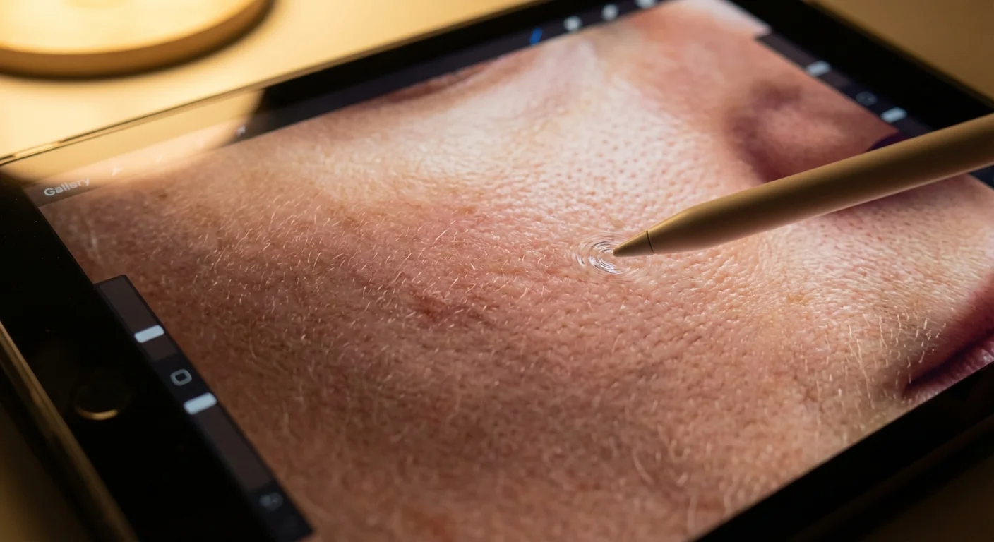 A close-up of a digital stylus retouching skin texture on a computer monitor.