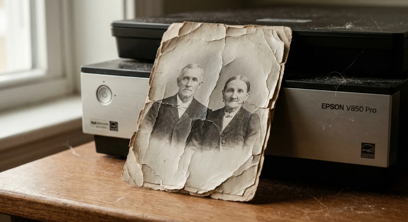 A close-up of a fragile, curled antique photograph showing signs of age and vulnerability.