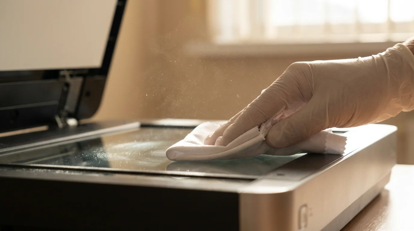 A close-up of a hand cleaning a scanner's glass bed with a microfiber cloth.