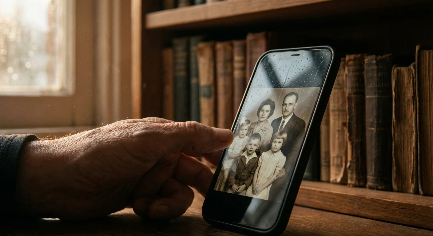 A close-up of a hand touching a smartphone screen displaying a nostalgic photo.
