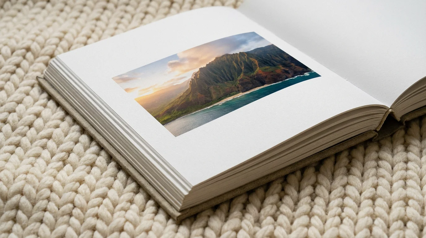 A close-up of a minimalist photo book layout showing a beautiful landscape photo on high-quality matte paper.