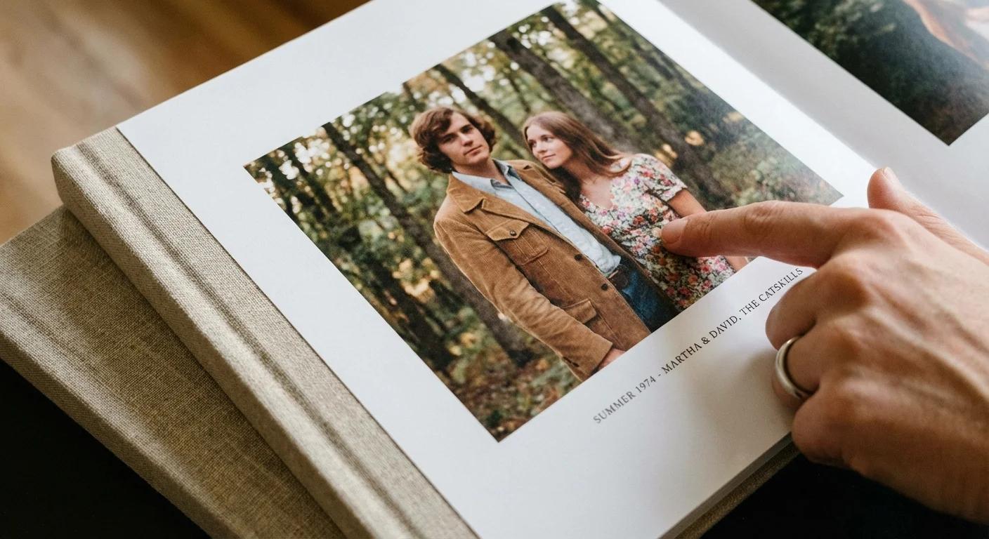 A close-up of a premium, open photo book featuring vintage anniversary pictures.