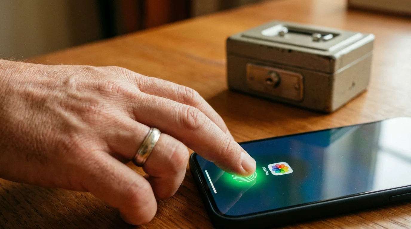 A close-up of a thumbprint scan on a phone screen with a traditional lockbox in the background.