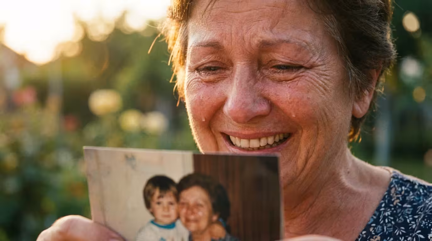 A close-up of a woman smiling warmly while looking at an off-camera photograph.