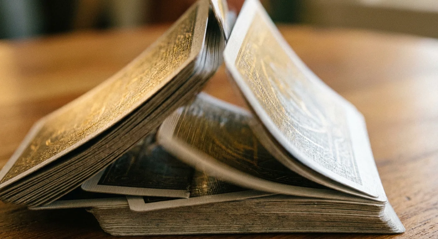 A close-up of cards being shuffled, highlighting the glossy finish and textured cardstock.