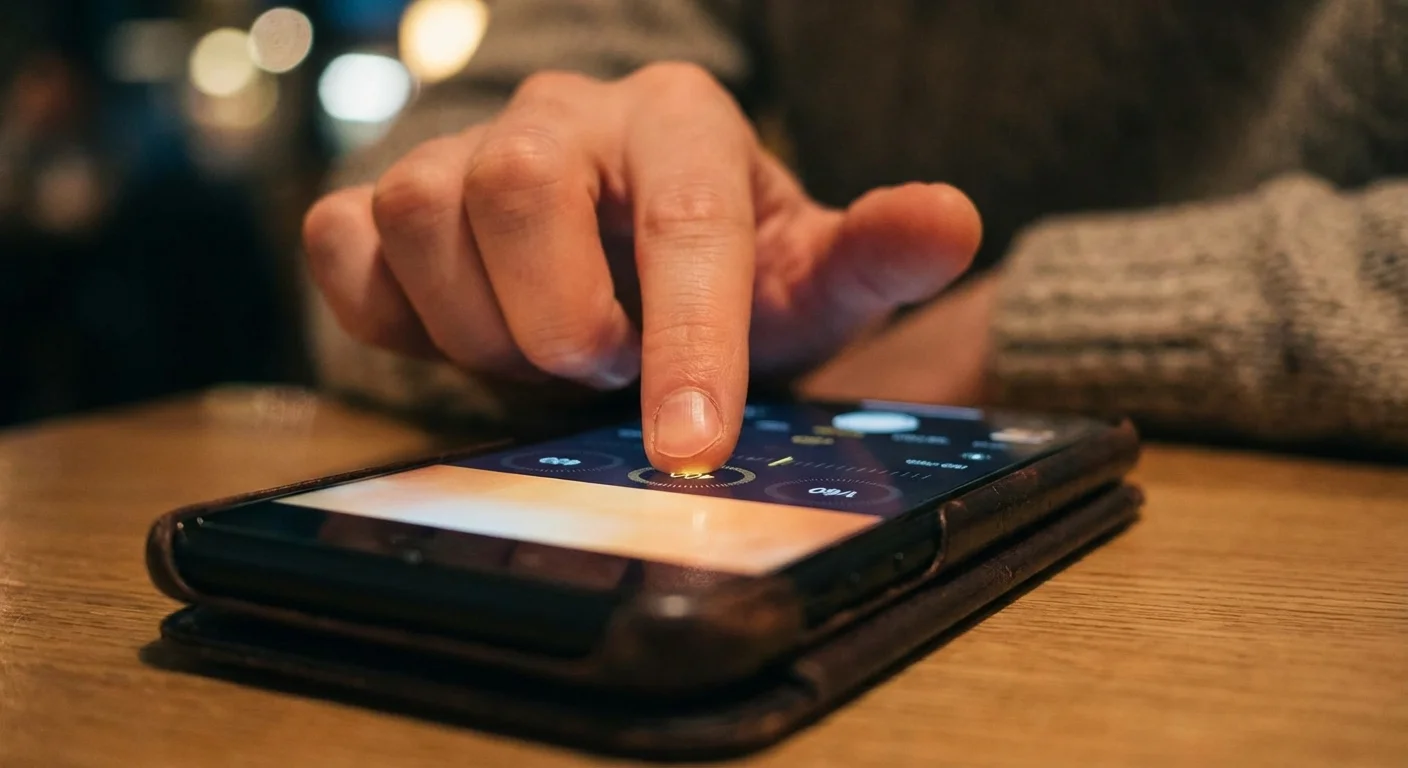 A close-up of hands adjusting manual camera settings on a phone app at night.