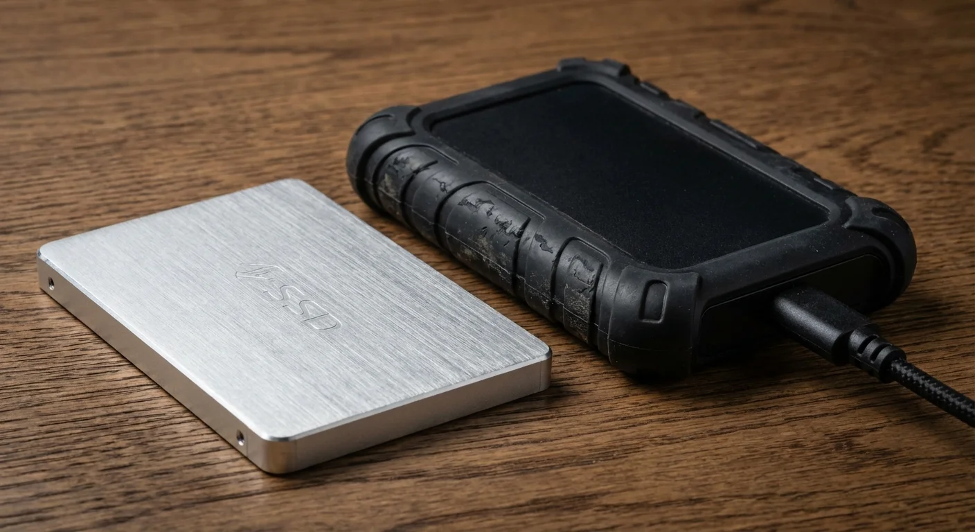 A close-up of high-quality external hard drives and SSDs on a wooden surface.