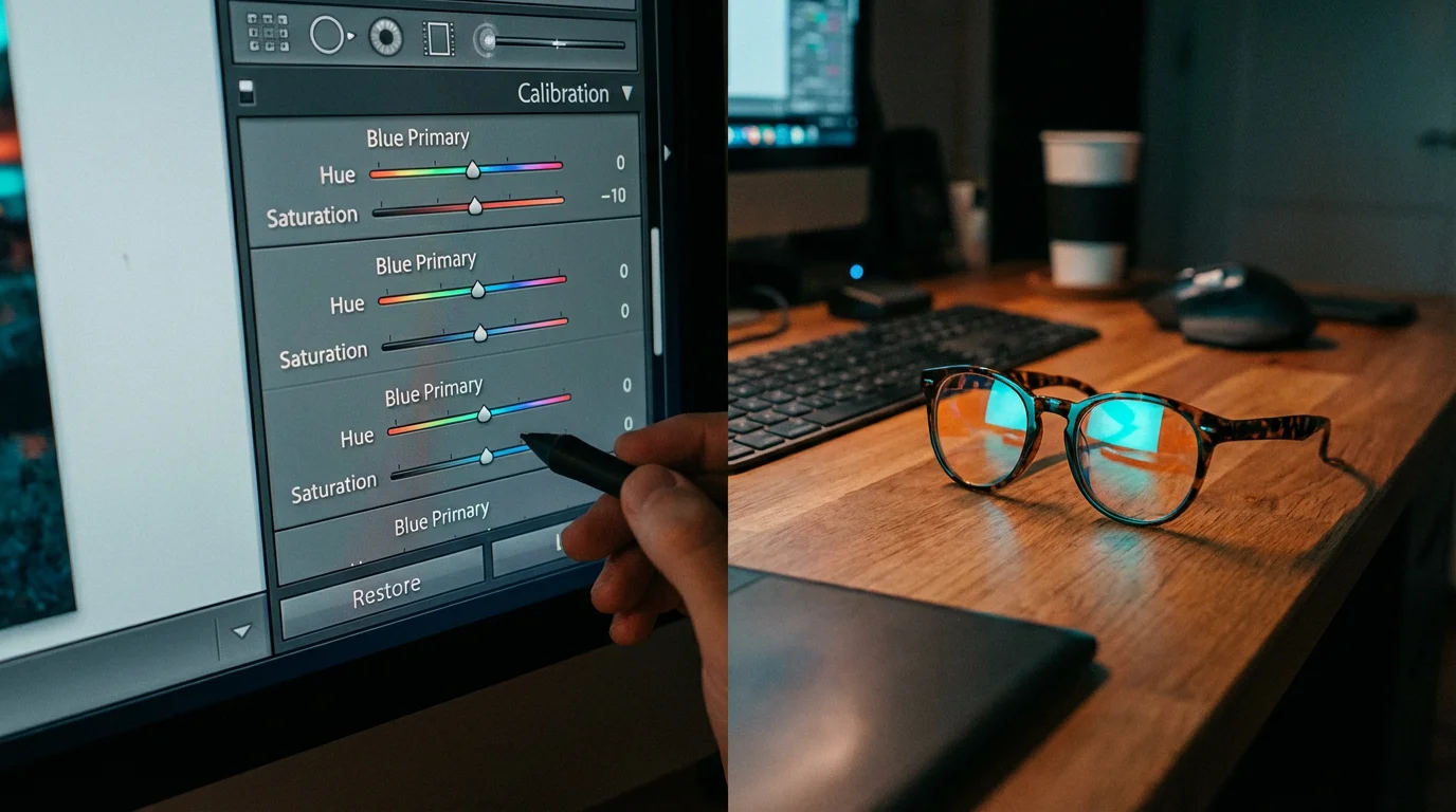 A close-up of the Lightroom Calibration panel sliders with colorful light reflecting on a pair of glasses.