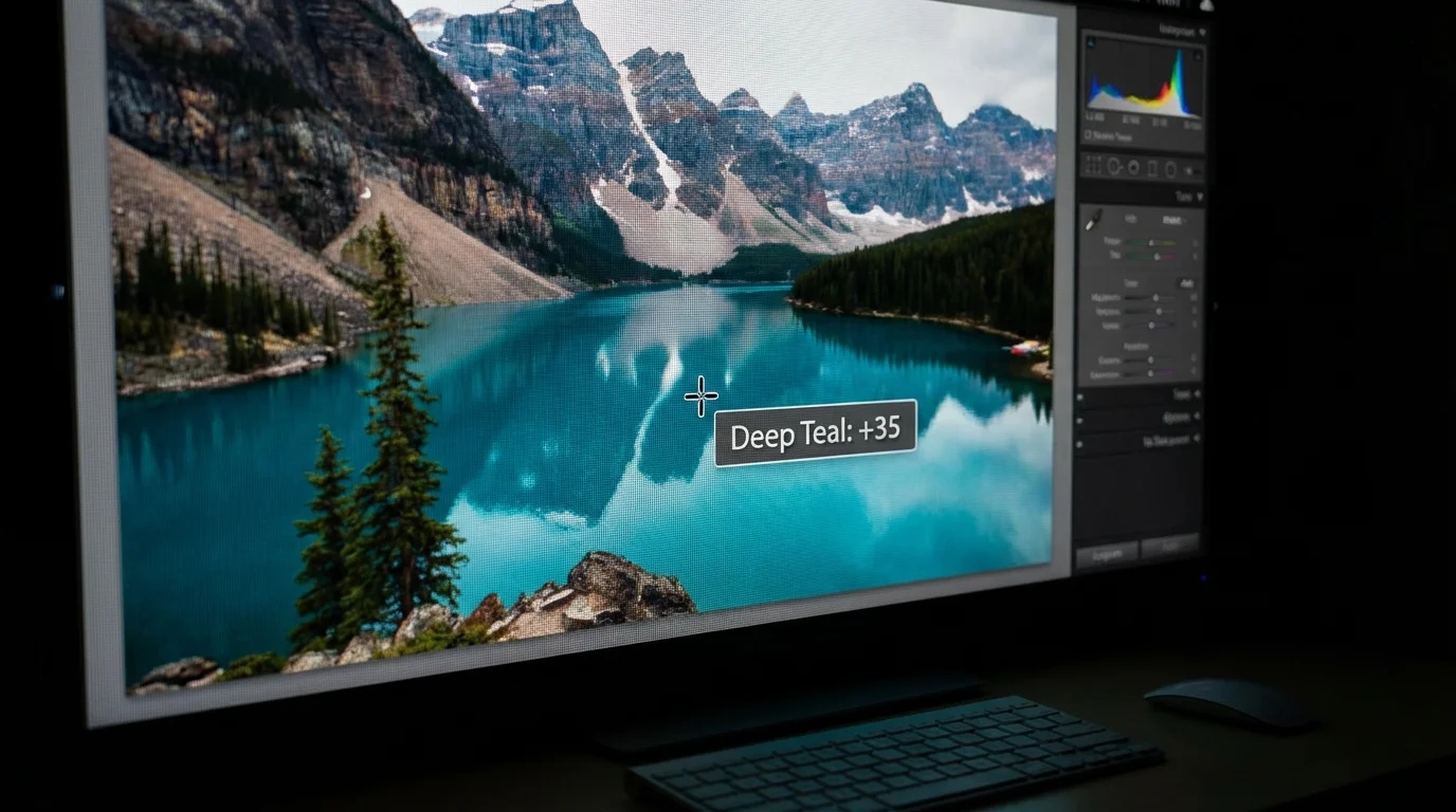 A close-up of the Lightroom TAT tool cursor selecting a specific blue tone in a landscape photo for adjustment.