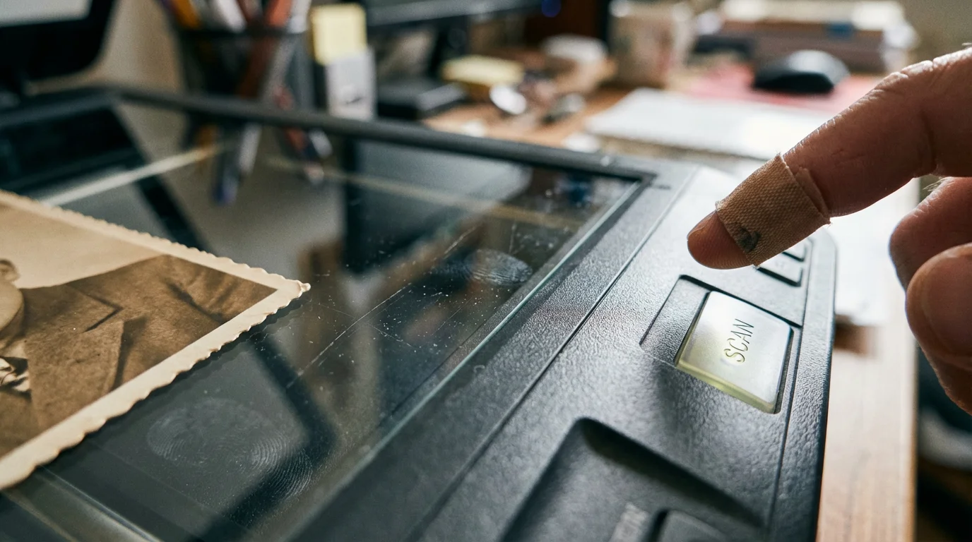 A close-up view of a photo scanner's interface and glass platen.