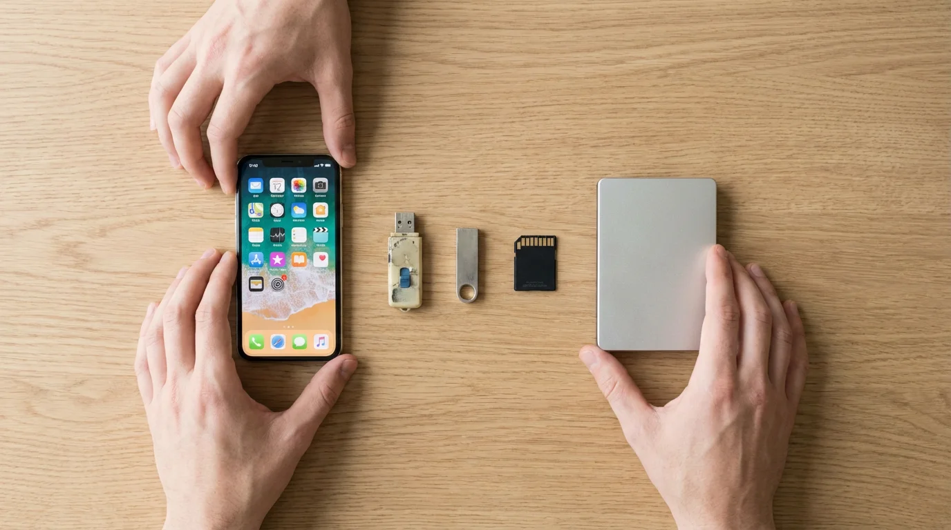A collection of digital storage devices and a smartphone arranged on a wooden table.