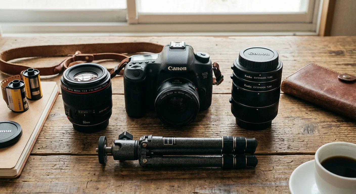A collection of macro photography gear including lenses and extension tubes on a wooden table.