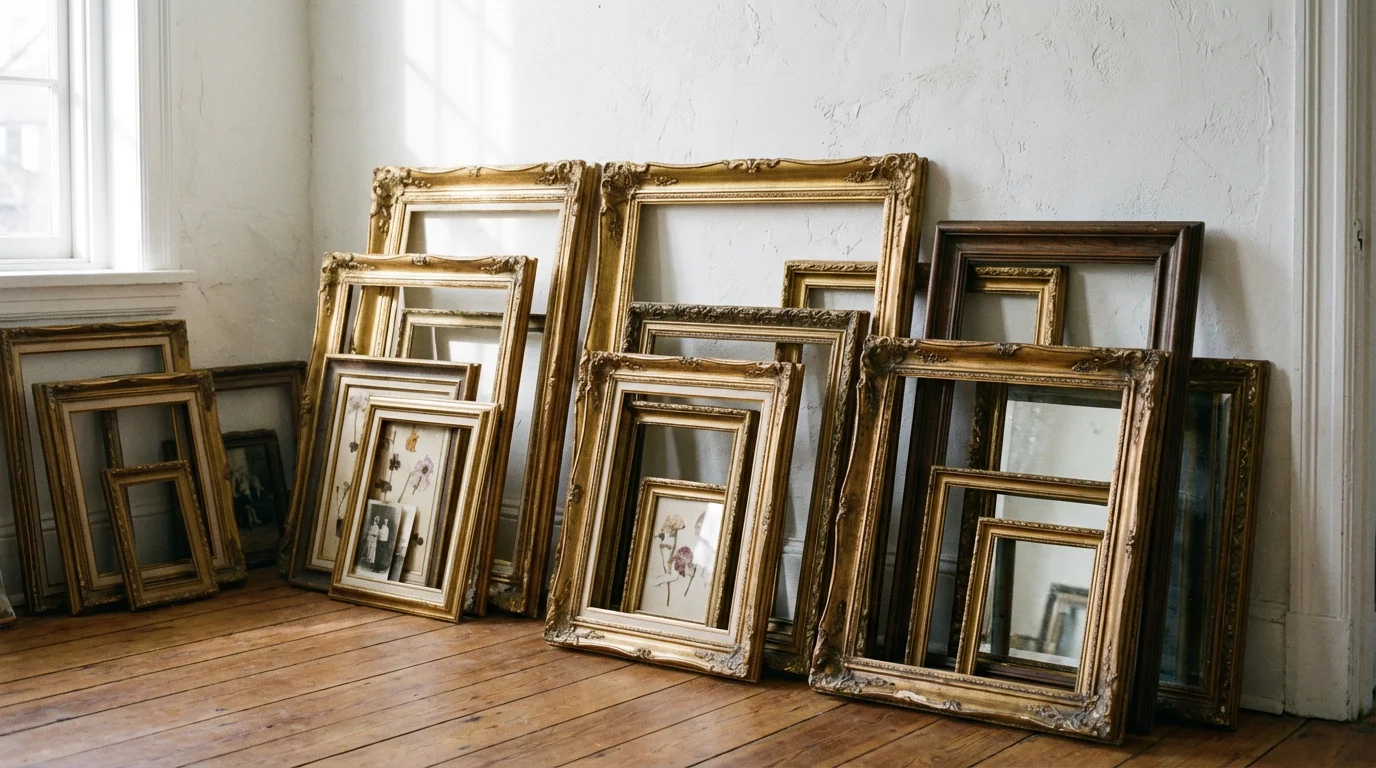 A collection of mismatched vintage picture frames leaning against a wall.