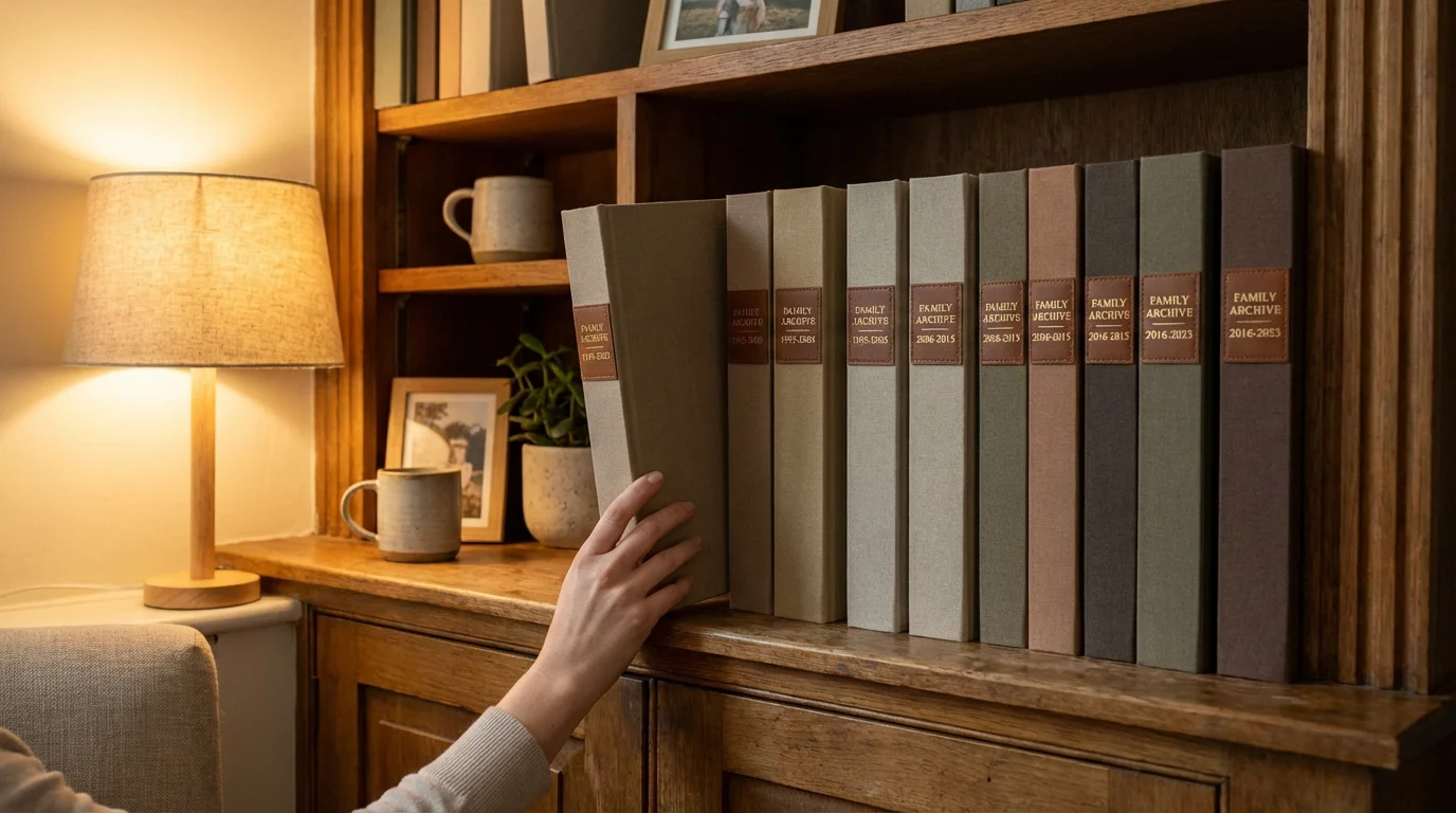 A collection of photo books neatly arranged on a modern bookshelf.