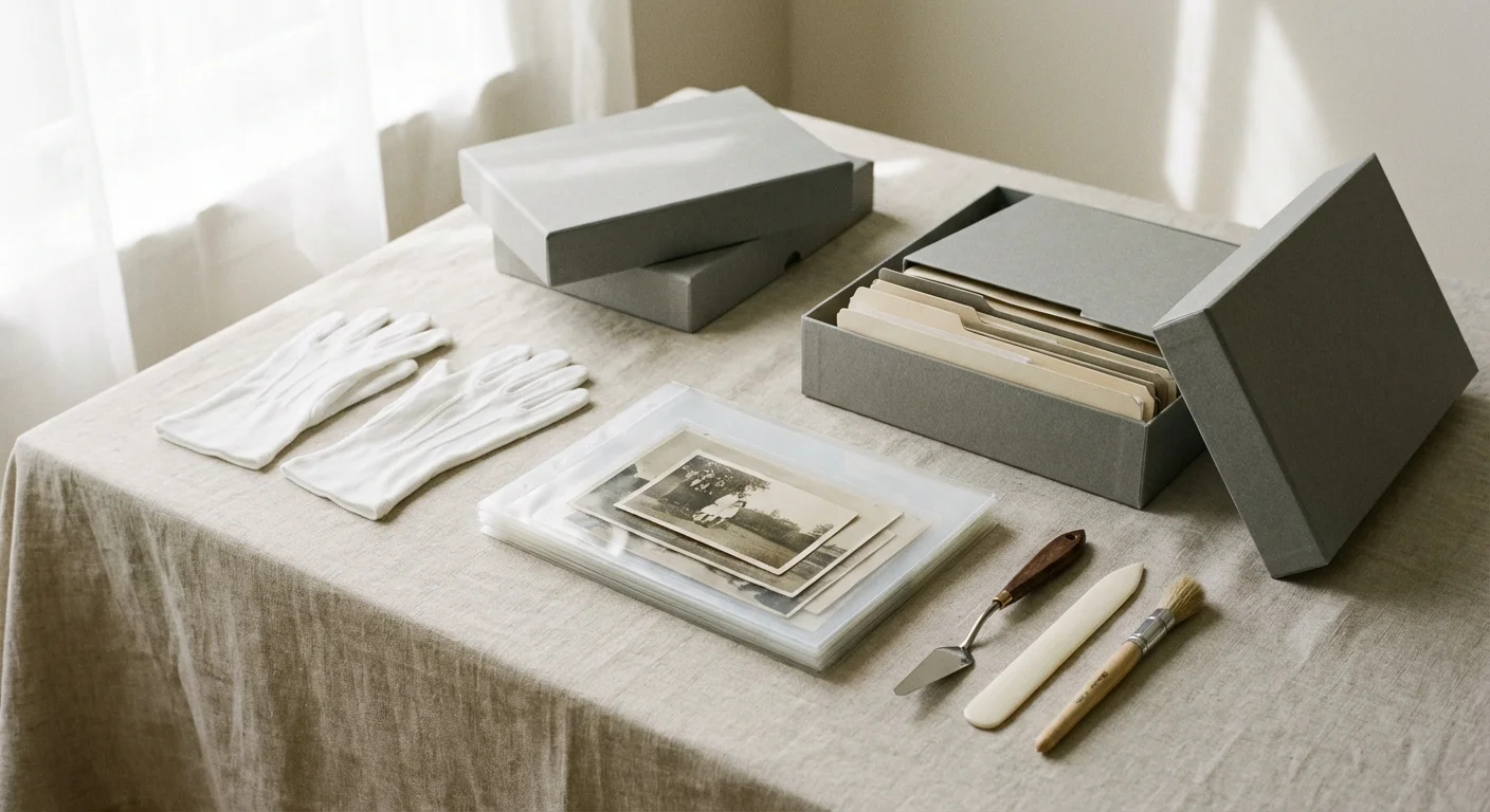 A collection of professional photo preservation supplies including white gloves and acid-free boxes.
