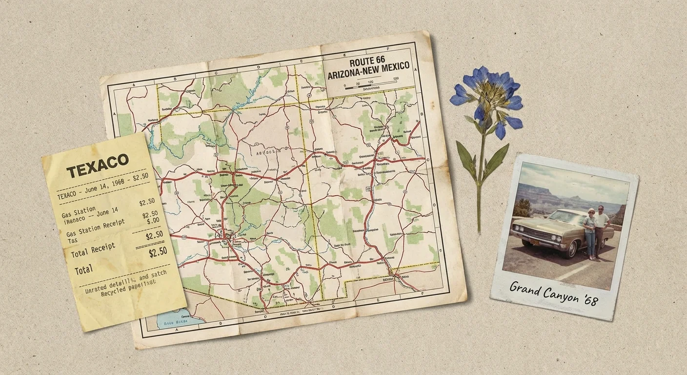 A collection of travel ephemera including a map, receipt, and pressed flower.