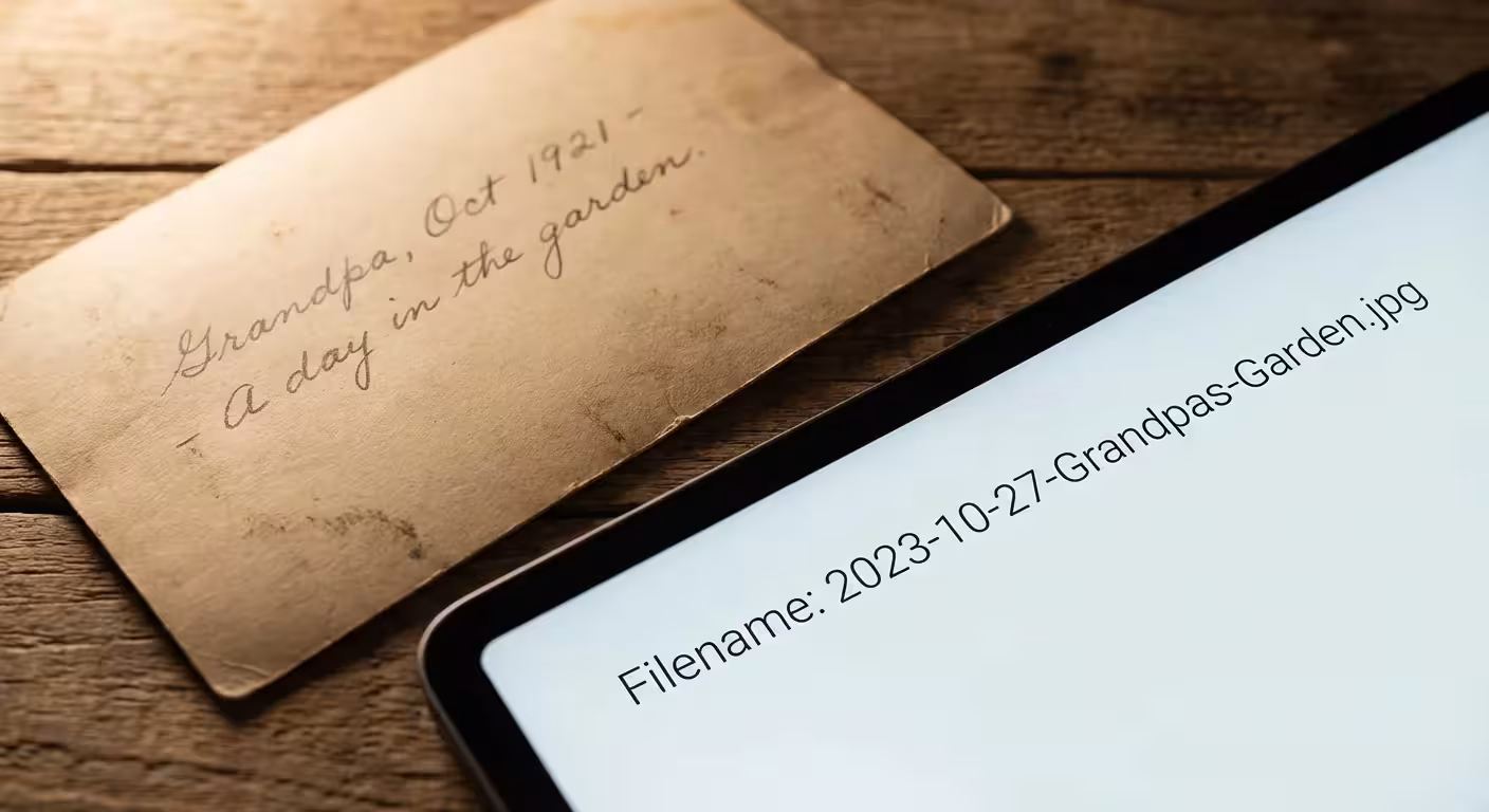 A comparison between handwritten notes on the back of an old photo and a modern digital filename.