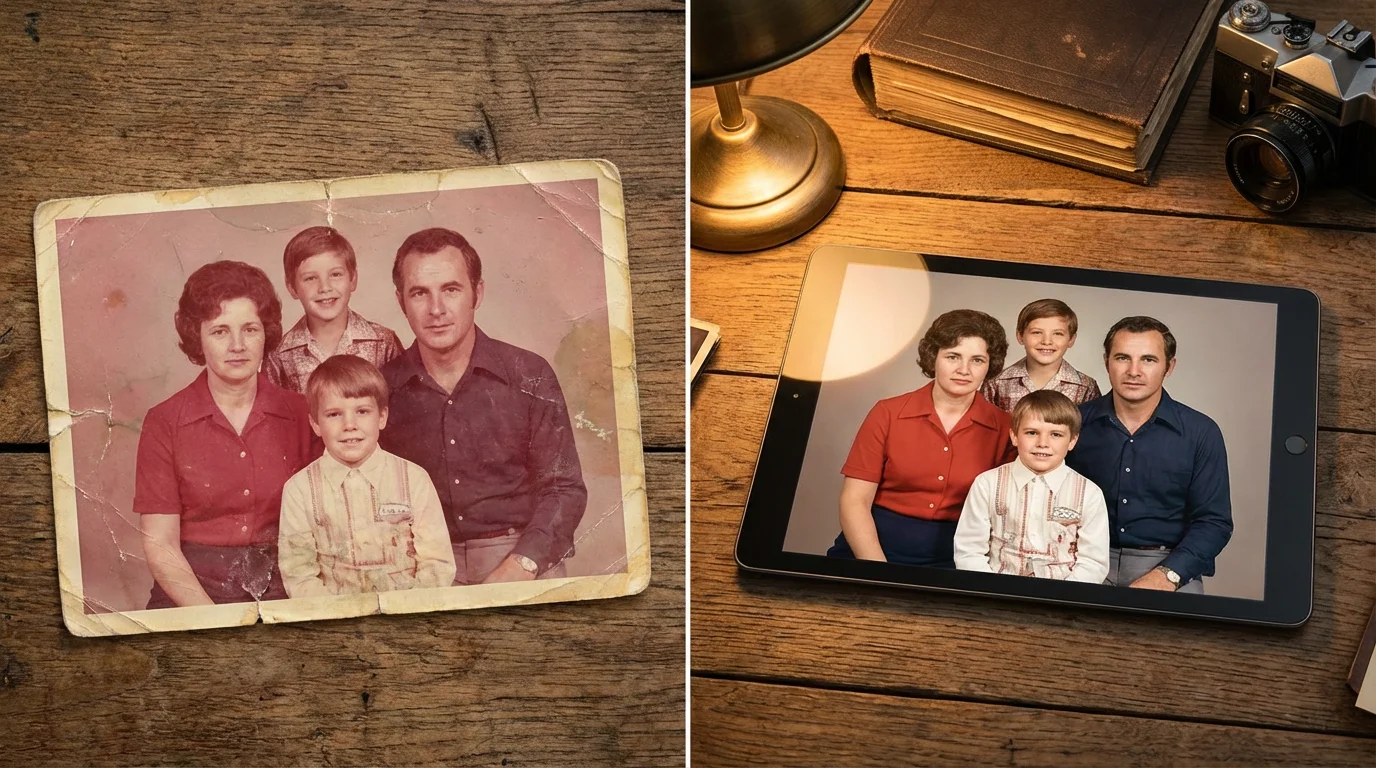 A comparison of a faded physical vintage photo next to its digitally restored version on a tablet.