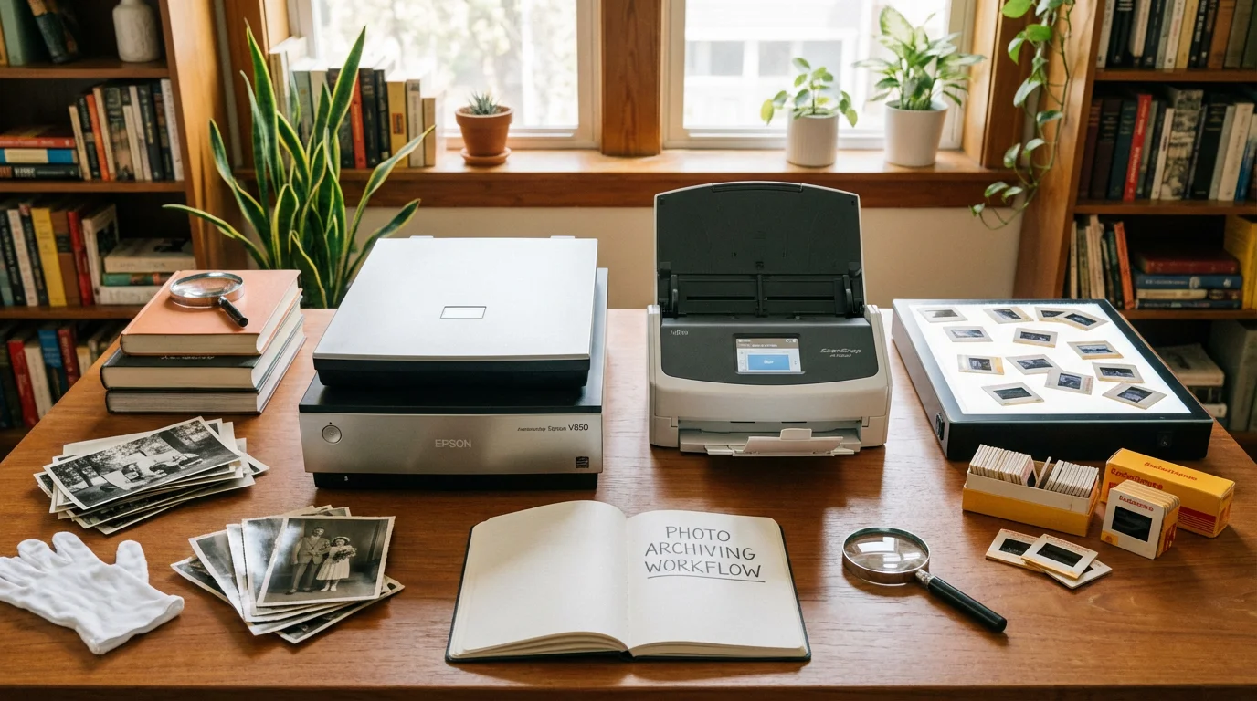 A comparison of a flatbed scanner and a sheet-fed scanner on a desk with old photos.