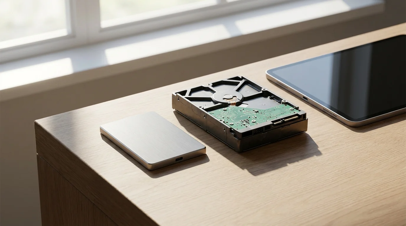 A comparison of a small portable SSD and a larger desktop hard drive on a clean surface.